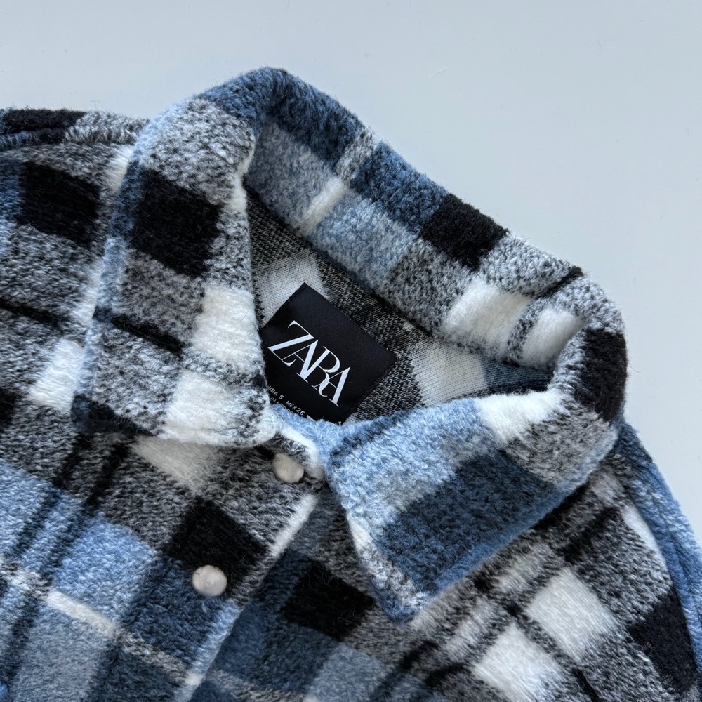 ZARA Blue Plaid Wool Blend Shacket Oversized Snap Button Jacket S - Picture 3 of 16